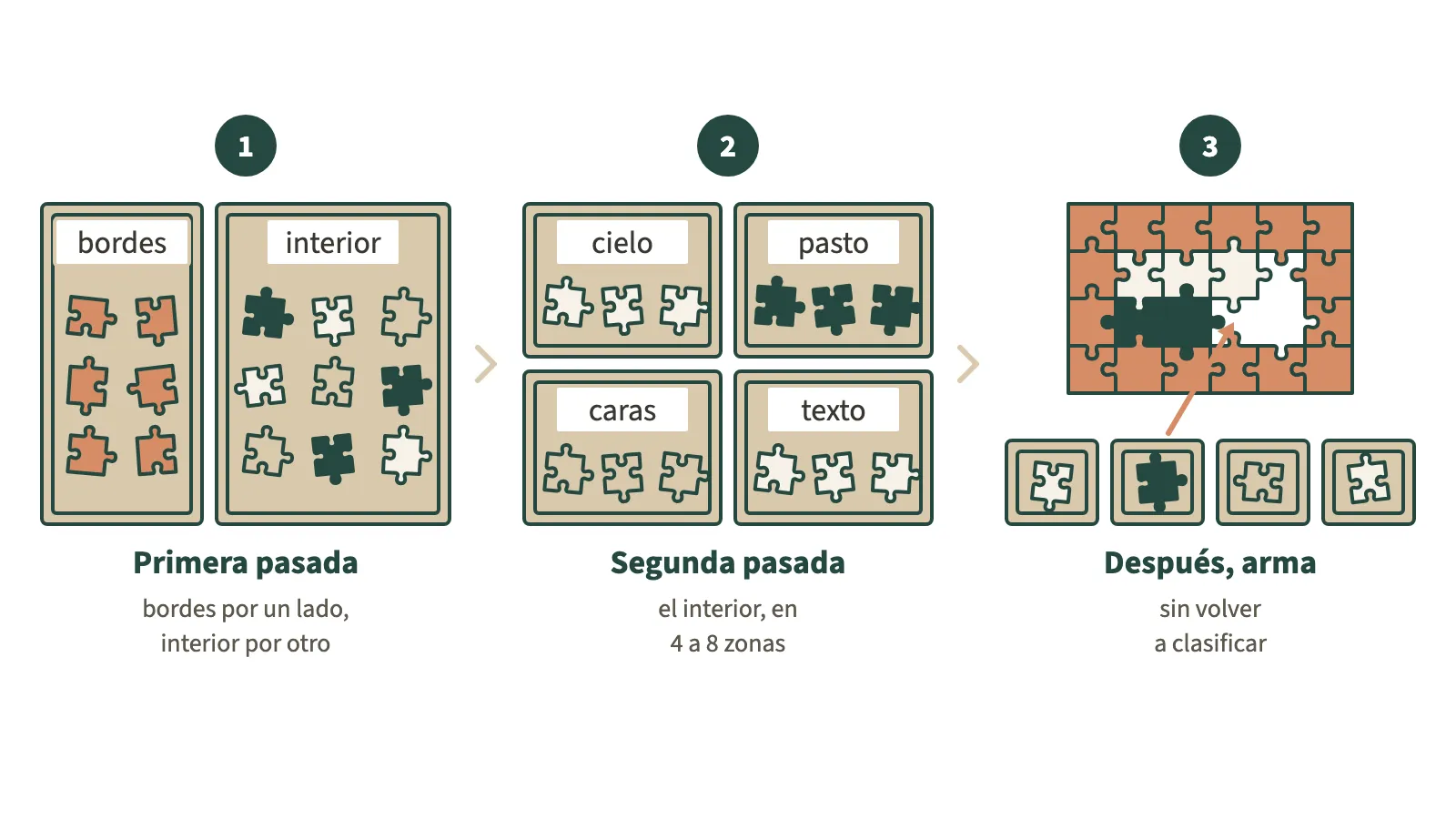 Tres pasos para clasificar las piezas, vistos desde arriba. 1: dos bandejas, una con las piezas de borde y otra con las del interior, de tonos mezclados. 2: el interior repartido en cuatro bandejas, cada una con un papel con su zona (cielo, pasto, caras, texto) y piezas de un mismo tono. 3: el rompecabezas con el borde armado y parte del interior, las cuatro bandejas de zona debajo y una flecha que lleva una pieza de pasto a su hueco.