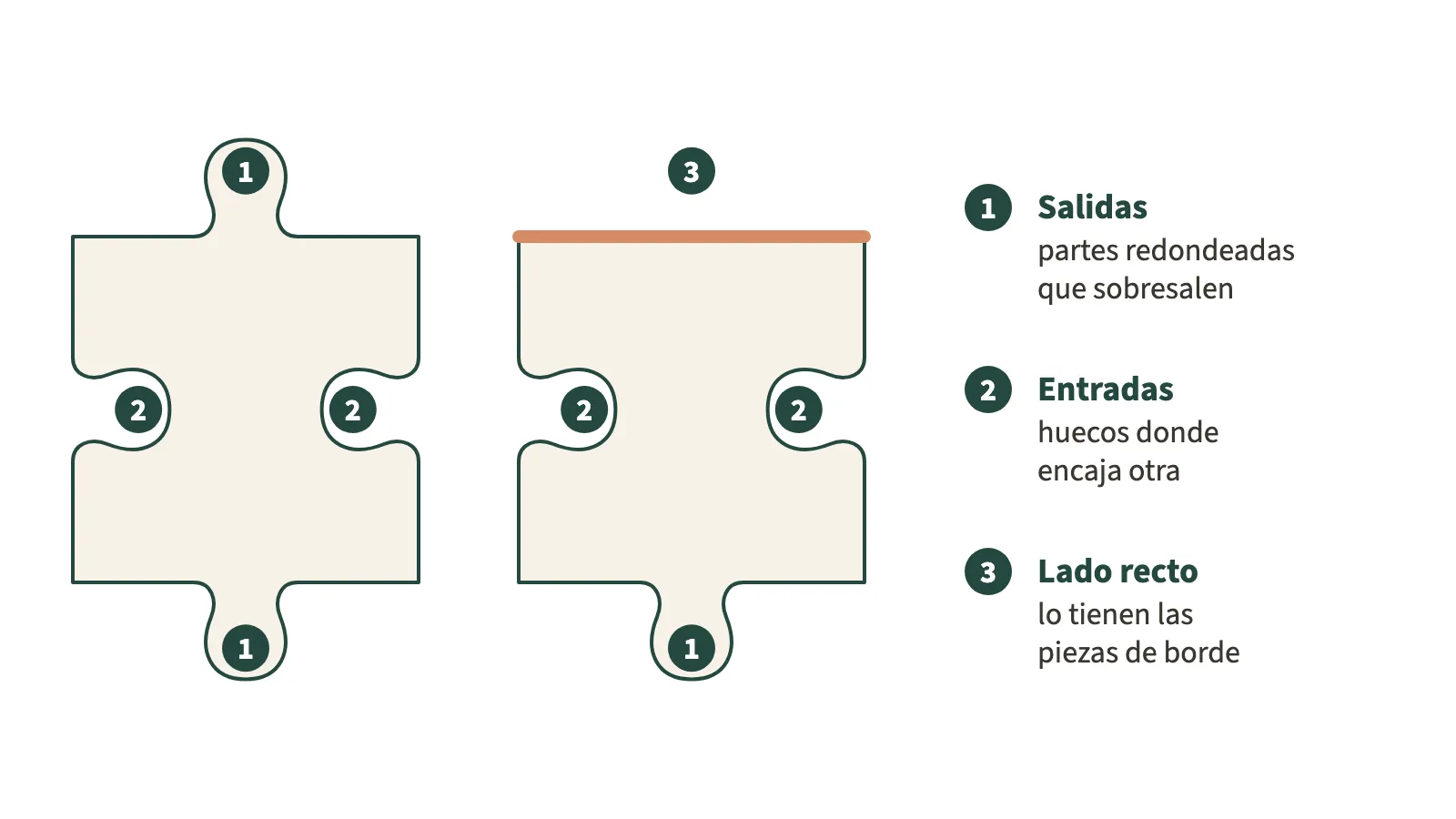 Dos piezas de rompecabezas del mismo color, una al lado de la otra. La de la izquierda es una pieza interior con 2 salidas, arriba y abajo, marcadas con el número 1, y 2 entradas, a los costados, marcadas con el número 2. La de la derecha es una pieza de borde con la misma forma, pero arriba tiene un lado recto, resaltado y marcado con el número 3. A la derecha, la leyenda: 1 salidas, partes redondeadas que sobresalen; 2 entradas, huecos donde encaja otra; 3 lado recto, lo tienen las piezas de borde.